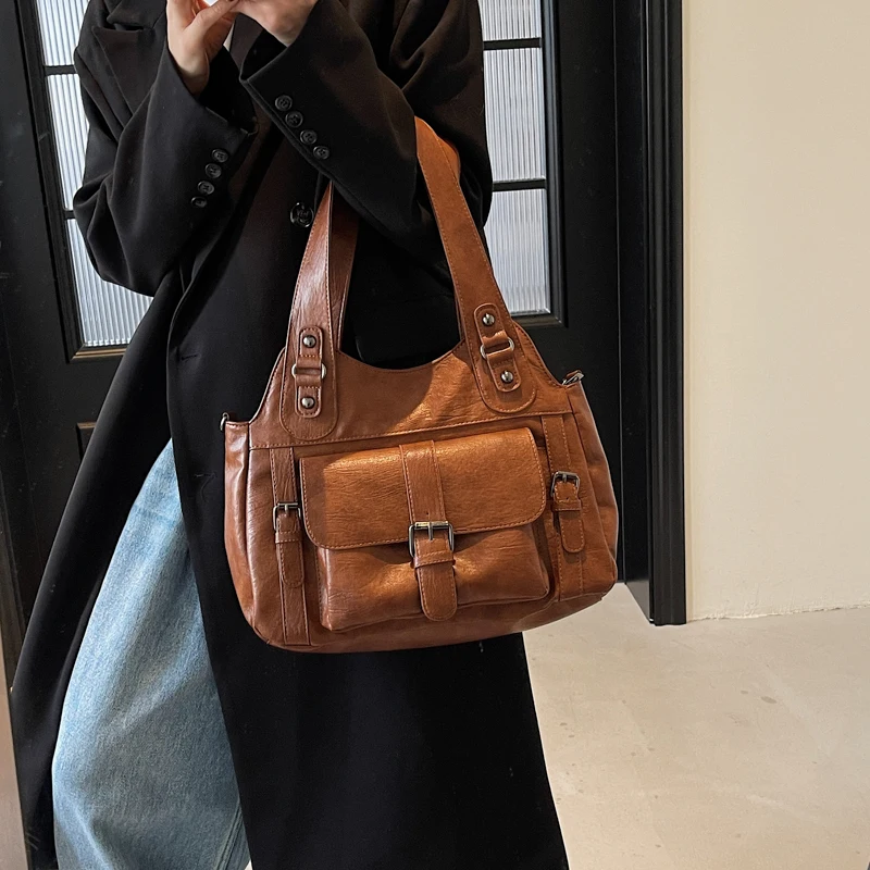 

Новая стильная винтажная женская сумка-тоут большой емкости из искусственной кожи, сумка через плечо для повседневной модной дизайнерской сумки для поездок на работу