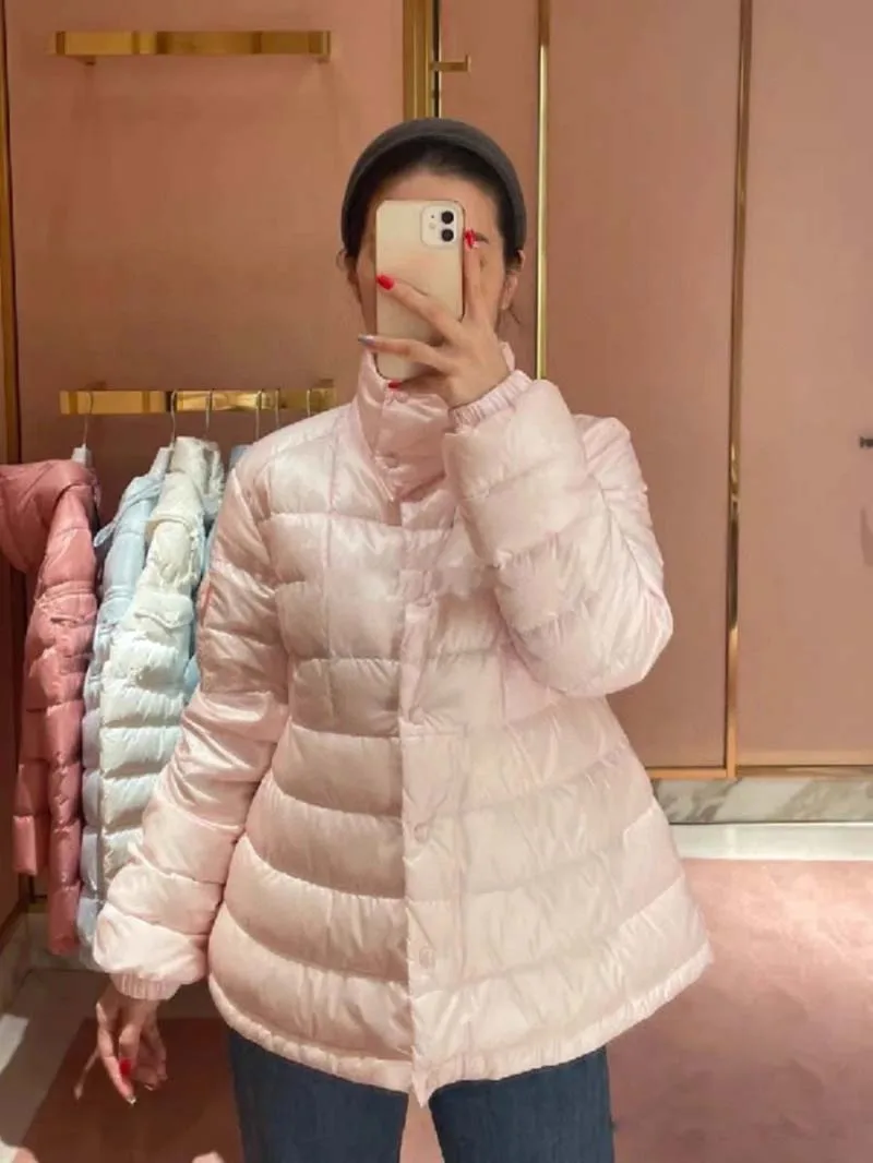 

Small niche design women's down jacket fashionable loose casual long sleeved stand up collar striped duck down cotton jacket