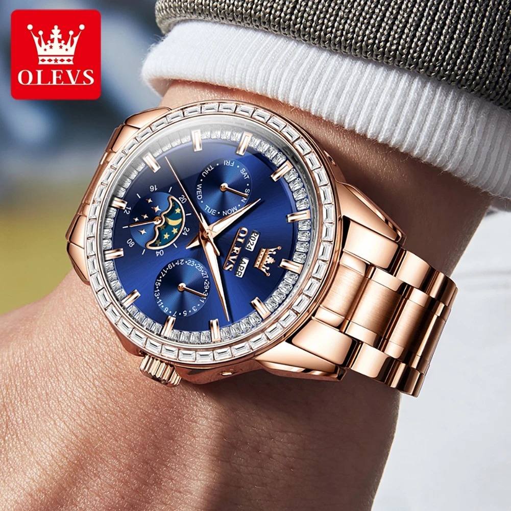 OLEVS Fully Automatic Mechanical Watch for Men Multi-function Moon Phase Waterproof Elegant Rose Gold Wristwatches 2024 NEW