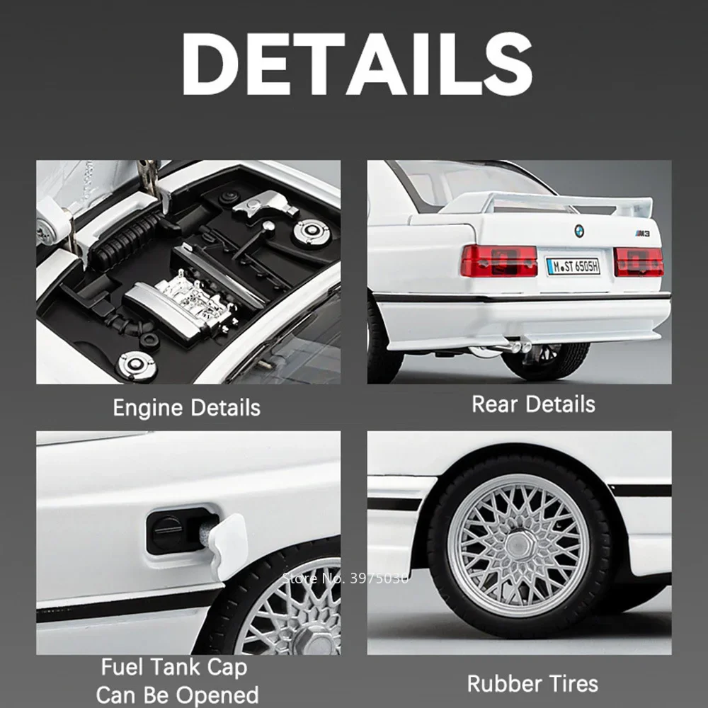 1:24 Legering BMW M3 Speelgoedmodel Miniatuur Legering Auto met rubberen banden Trek licht Muziekvoertuigen Model voor jongens Collectiecadeau