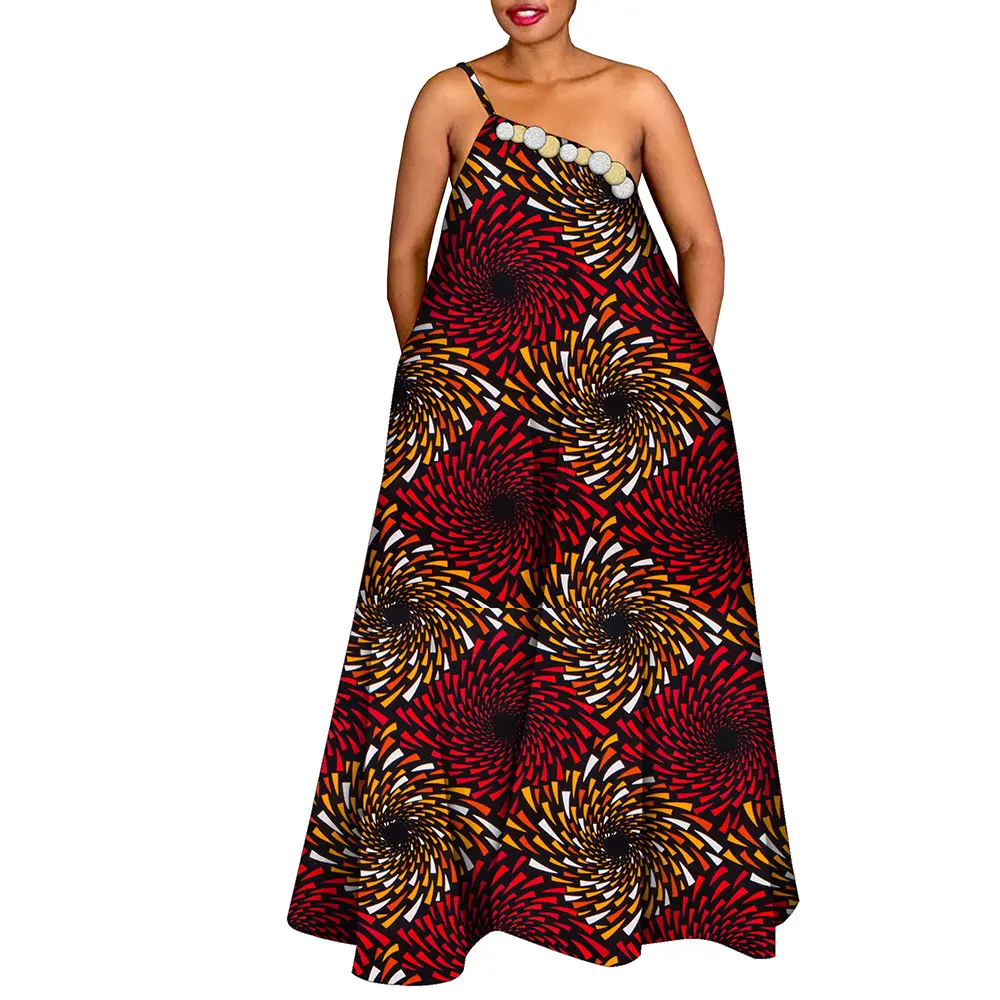 African Print Causal Long Dresses for Women Cotton One Shoulder Sleeveless Dresses Fashion African Lady Clothing Wy10673