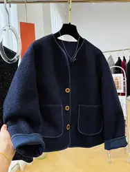 Korean Style Unique Temperament Round Neck Short Jacket Women Autumn Winter Fashion Loose Casual Coat Versatile Outerwear
