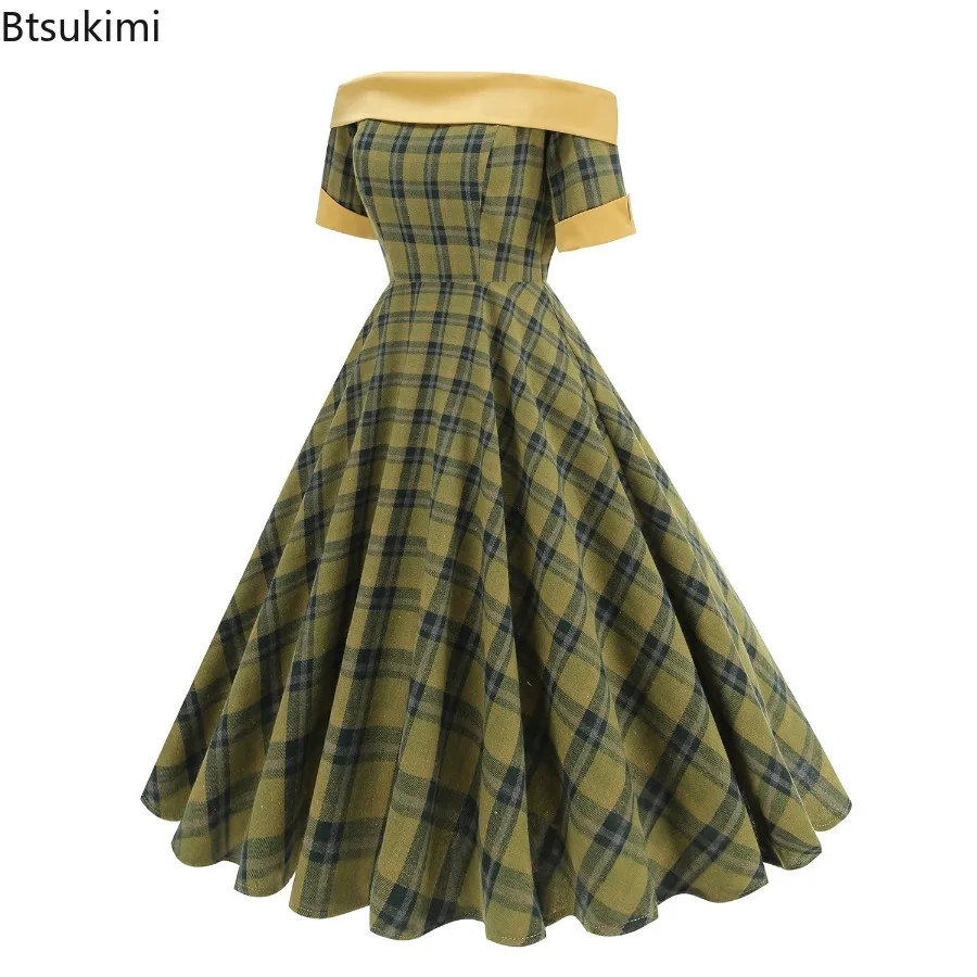 2025年新作 ヘップバーン風 レトロ オフショルダー チェック柄 ロカビリー ドレス ヴィンテージ サマー エレガント イブニング クリスマス パーティー ドレス レディース