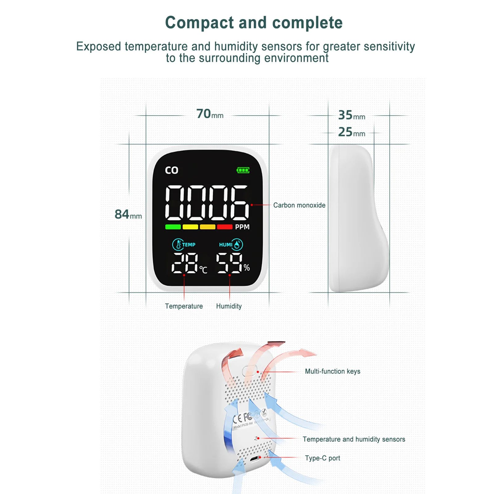 Portable CO Monitor 3 In 1 Carbon Monoxide Temperature and Humidity Detector Air Quality Meter for Home/Outdoor Camping/Garage
