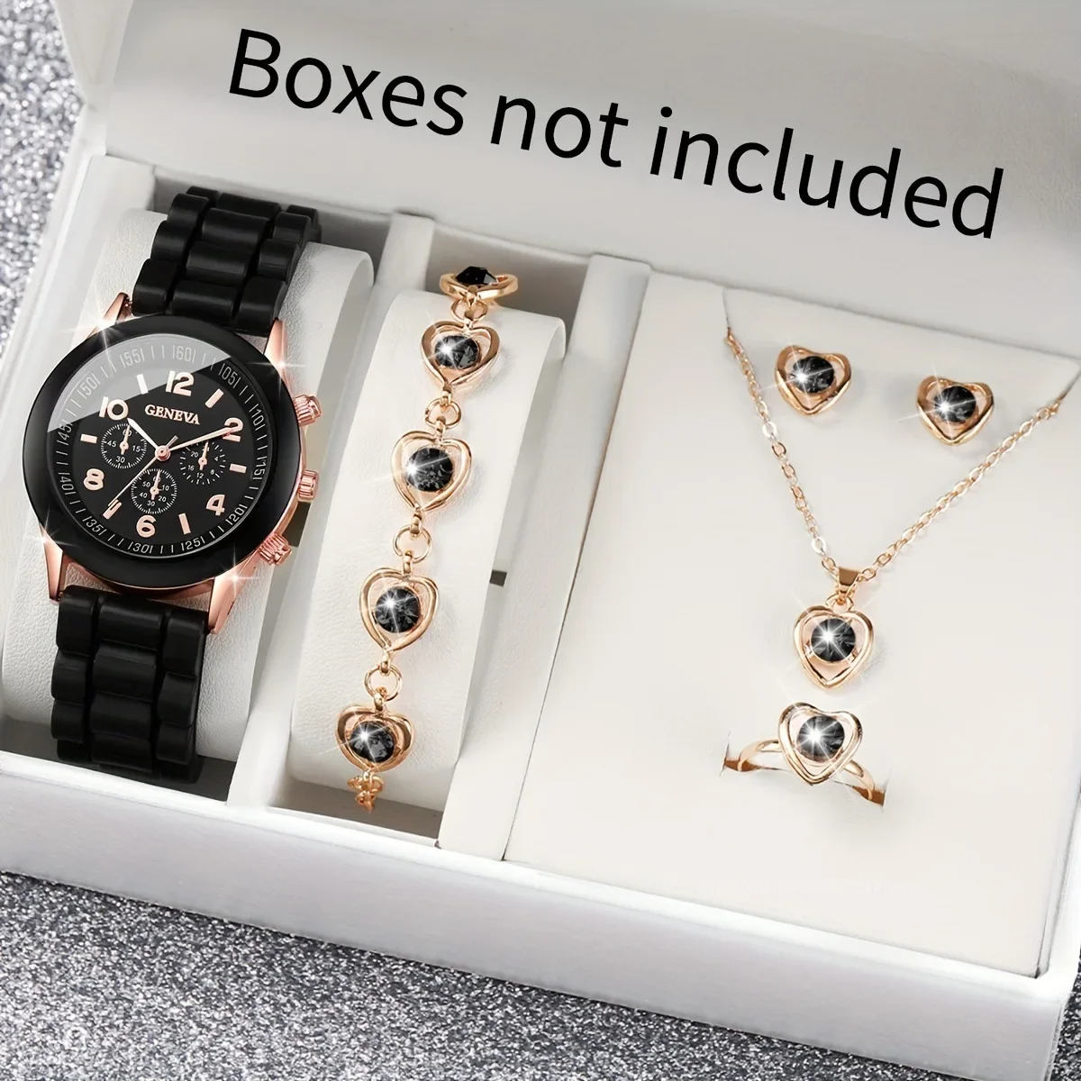 5pcs/set Women Watch Casual Round Pointer Quartz Watch Set Ring Necklace Earrings Silicone Strap Wristwatch Girls Clock Gift