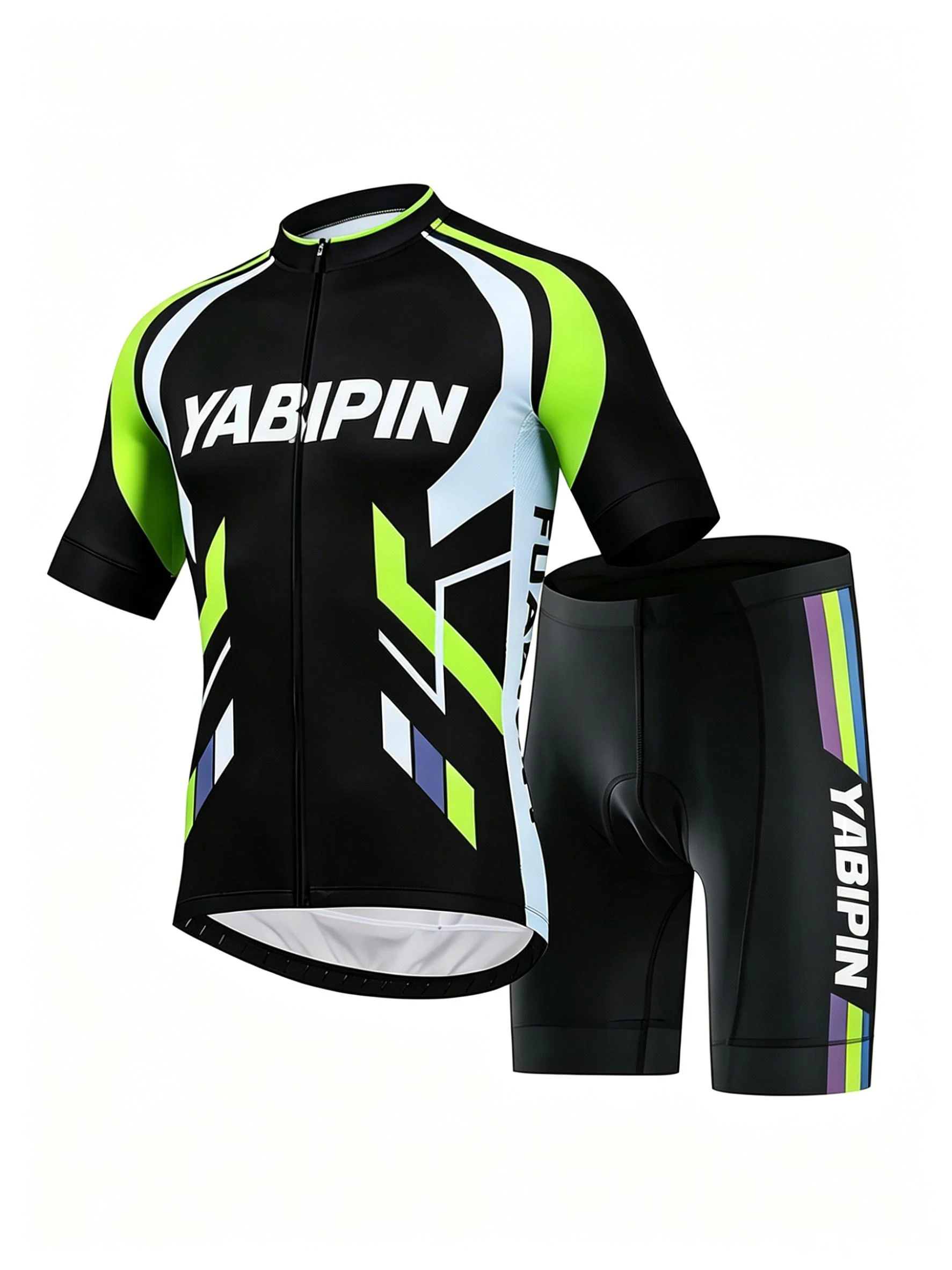 

Stand Collar Full Zip Men’s Cycling Set, Short Sleeve Letter Graphic Bike Jersey & ShortsBreathable 2 Piece Sportswear