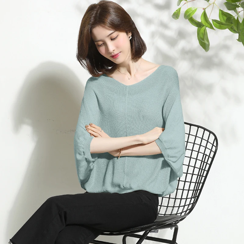 Women Loose Sweater Blouse 2022 Summer & Spring Fashion Batwing Sleeve Knitwear Tops Elegant Ladies V-Neck Oversize Knit T Shirt