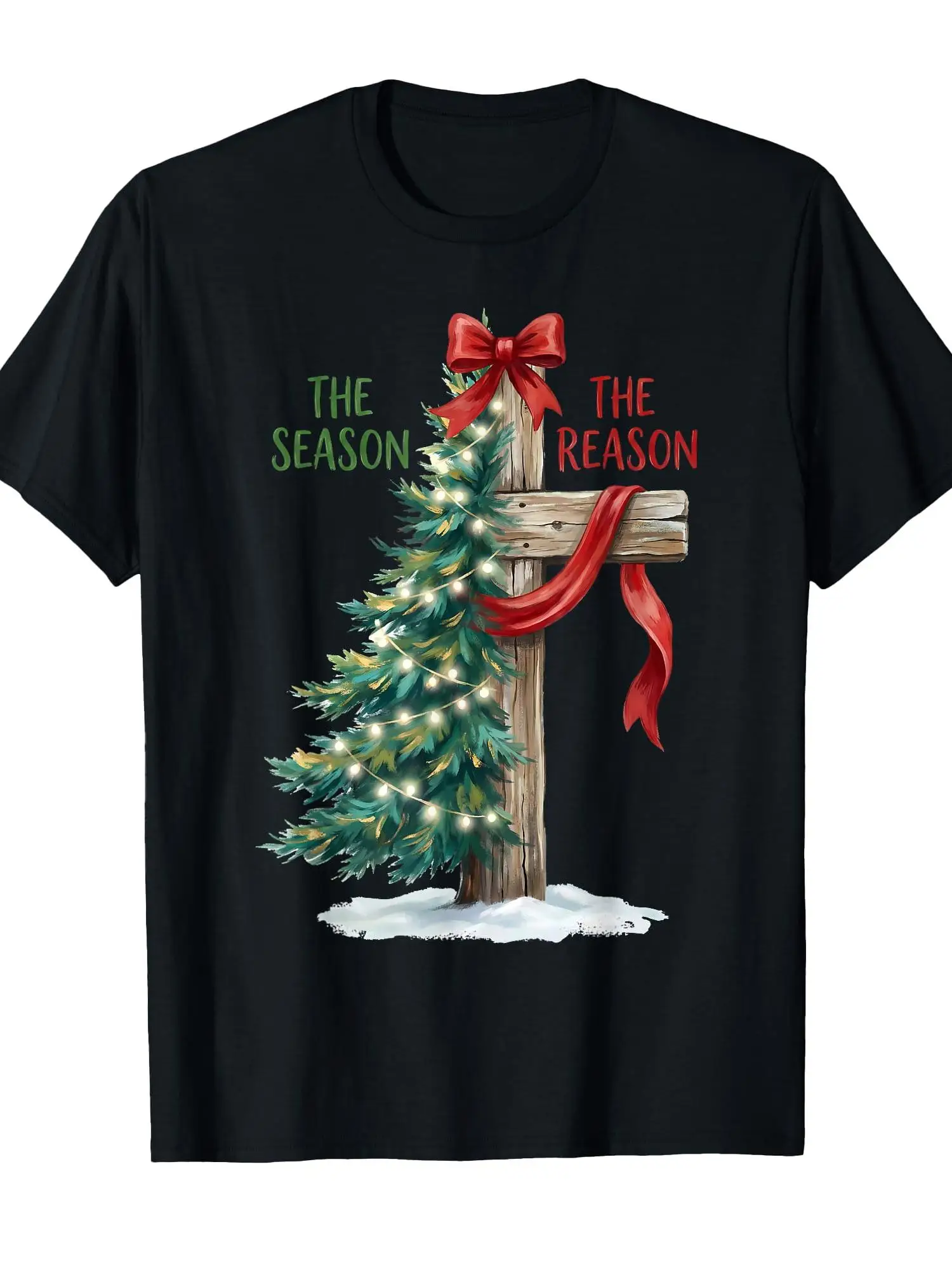 Christmas Tree The Season Cross The Reason Xmas T-Shirt |   Graphic Print Christmas 220Gsm Round Neck Short Sleeve Casual Men'S T-Shirt for Men