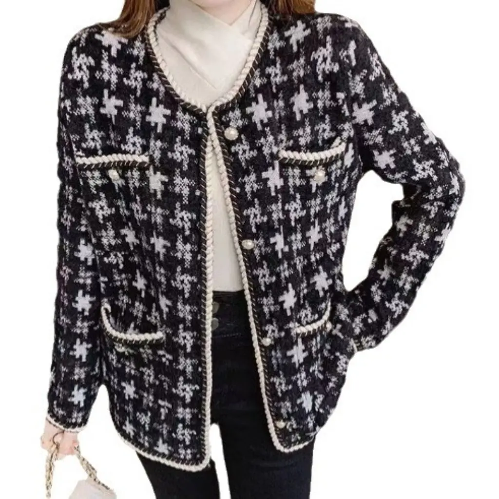 - مستوحاة المرأة معطف قصير تقليد المنك المخملية houndstooth منقوشة سترة النمط الغربي الخريف الشتاء سترة نسائية