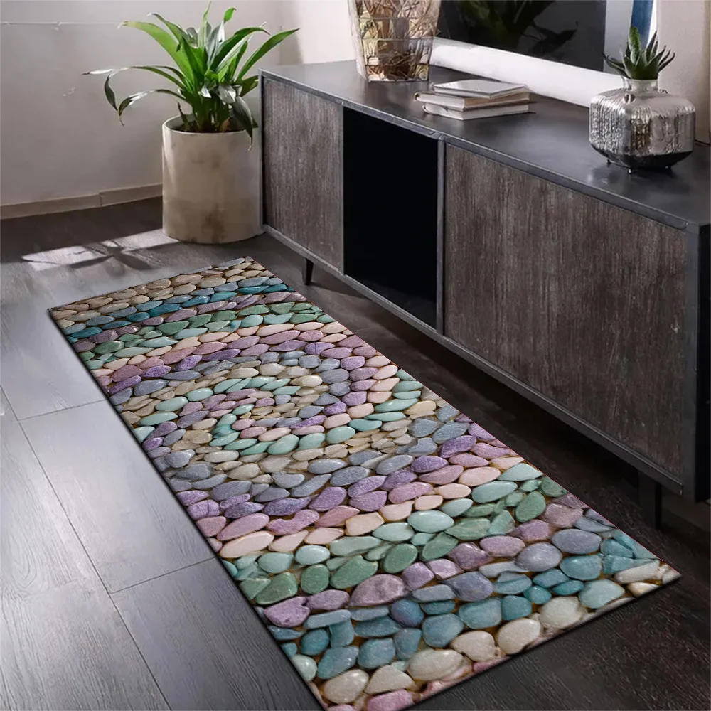 Pastel Mint Lavender Beige River Pebble Stone Print Runner Rug, non-slip mat for entry hallway fresh natural home floor decor