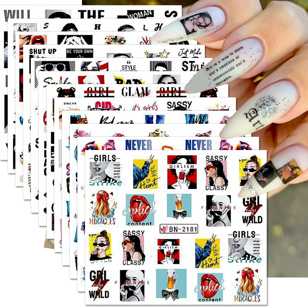 Adesivos de unhas, geometria, linhas, flor, folha, folhas graffiti, padrão facial abstrato, decalques de unhas, decoração manicure, 12 peças