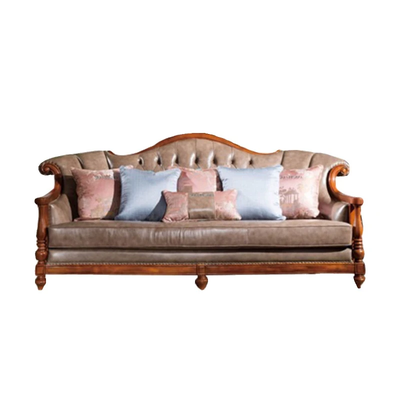 

American leather art solid wood sofa rural living room light luxury retro European multi-combination carved hotel high-end solid
