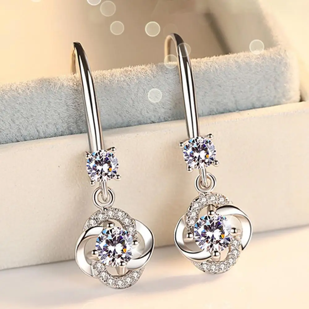 Elegant Women Earrings Rhinestone Cubic Zirconia Tassel Four-leaf Clover Hook Earrings Jewelry Gift