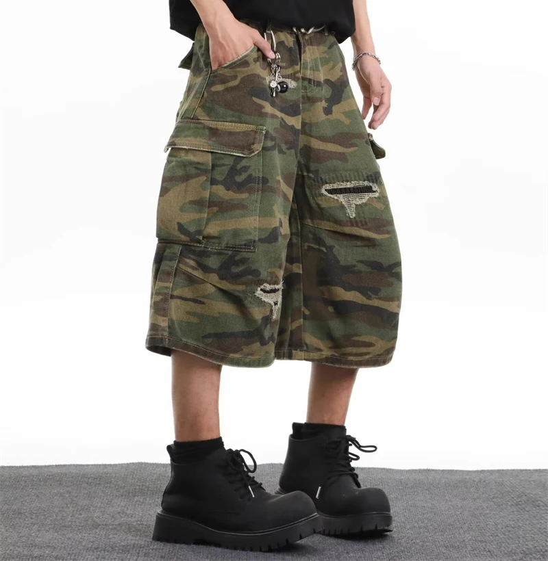 Shorts en jean cargo camouflage pour homme 2025 – Coupe droite déchirée, décontracté, 7 pouces, style Y2K streetwear vintage, coupe ample, mode été