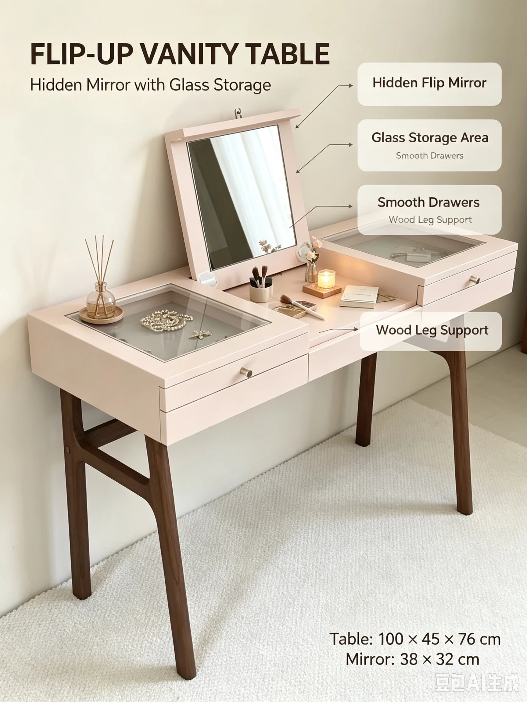 SCY medieval pink dresser solid wood bedroom simple table retro flip cover home makeup table