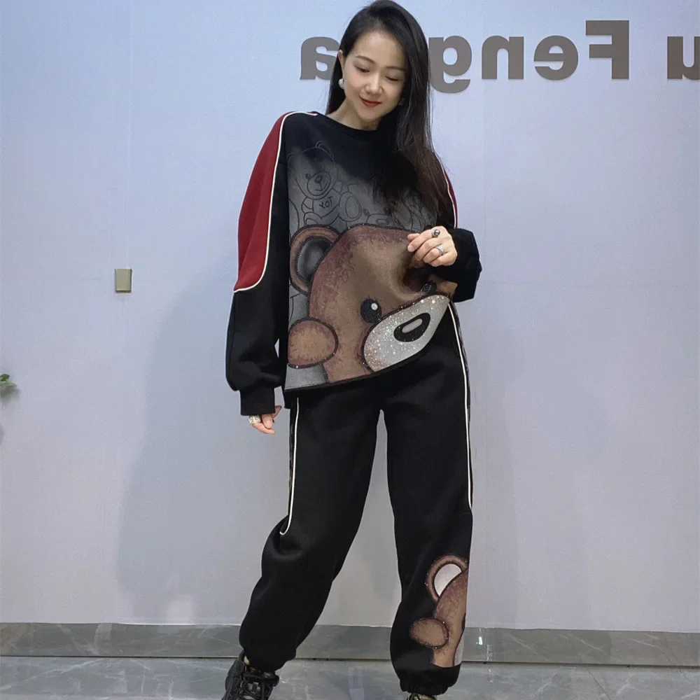 Loose Winter Thick Velvet Two Piece Sets Womens Outifits Cartoon Bear Diamonds Casual O Neck Hoodies Long Pants Костюм Женский