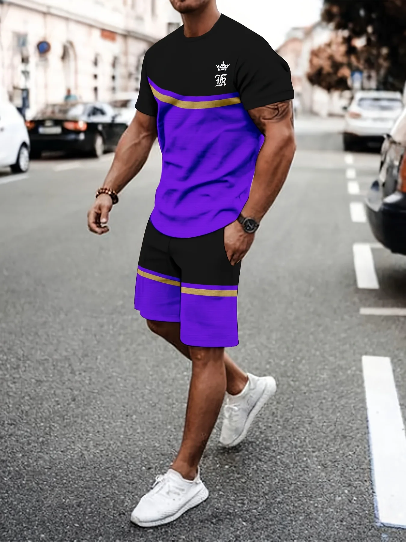 Leisure Sports Set, Breathable Outdoor Casual Men's T-shirt, Cropped Pants Set, Summer 3D Printing Set, Men's Adult Set