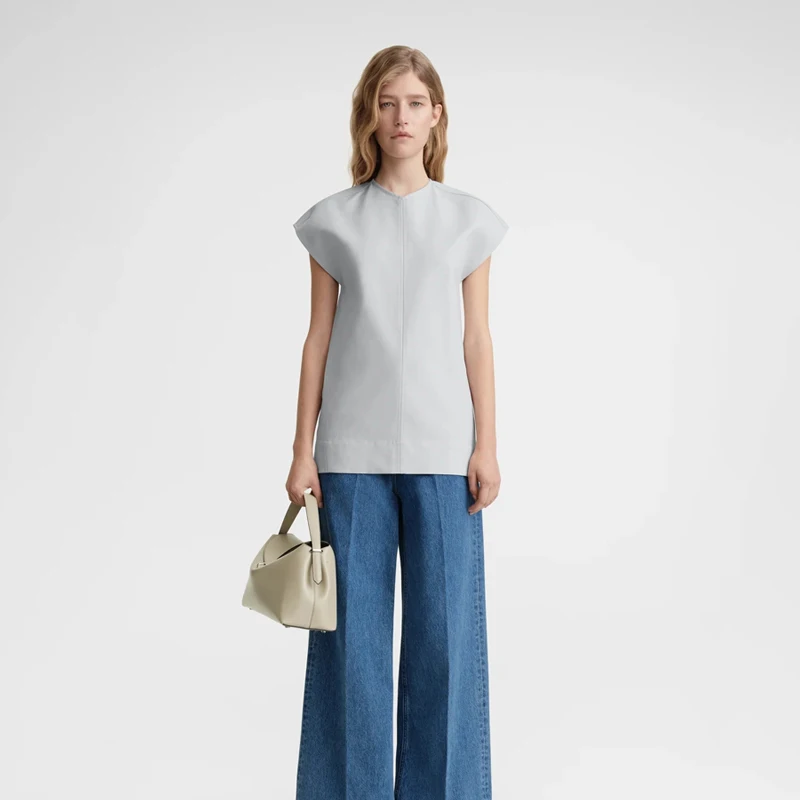 

Slimming Straight Tube mat Ice Blue Vest Top with Cover Sves And Twisted Stitching for Commuting And Everyday Wear