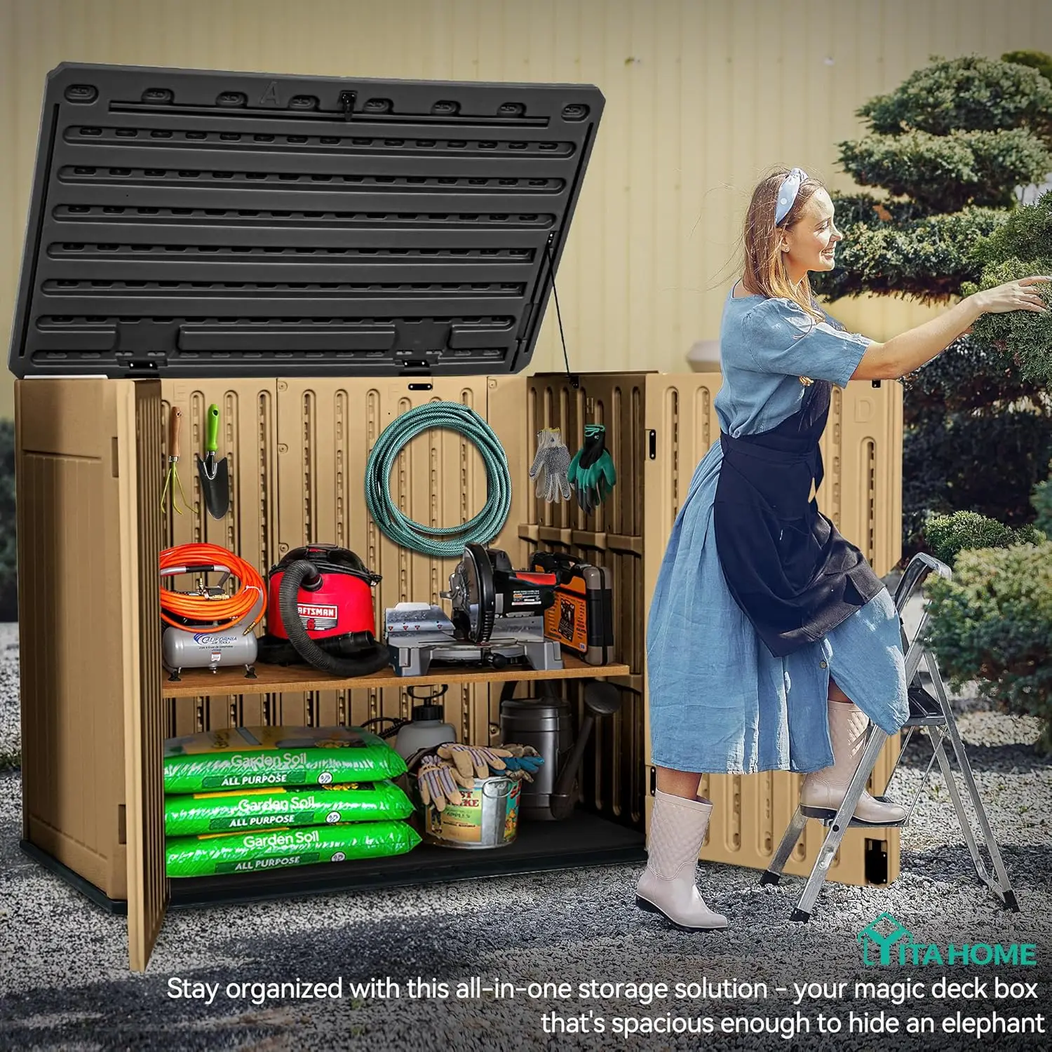 Extra Large Outdoor Horizontal Storage Shed 4.5x4ft Resin Tool Sheds W/o Shelf Easy Assemble Waterproof Storage for Trash Cans