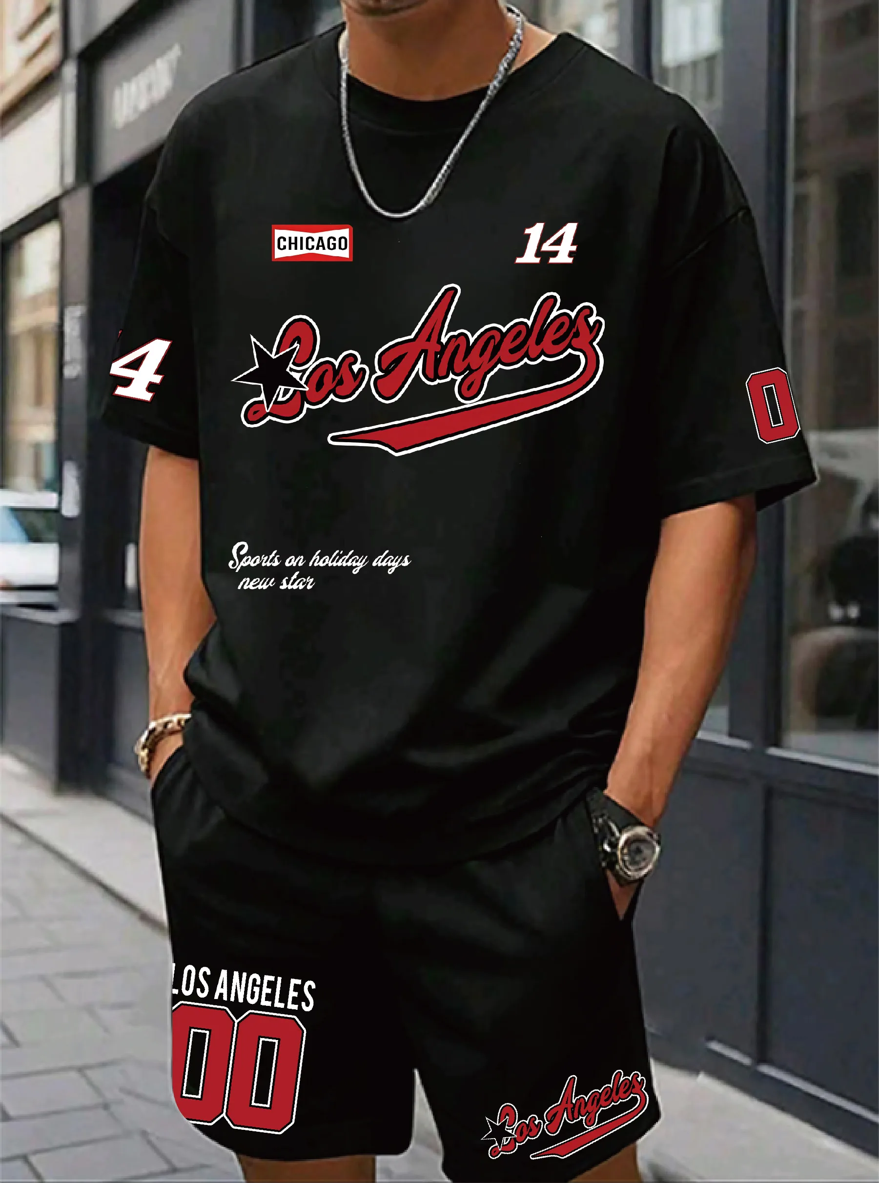 

Fashion short-sleeved T-shirt Black Los Angeles City Pattern Suitable for Festive Travel