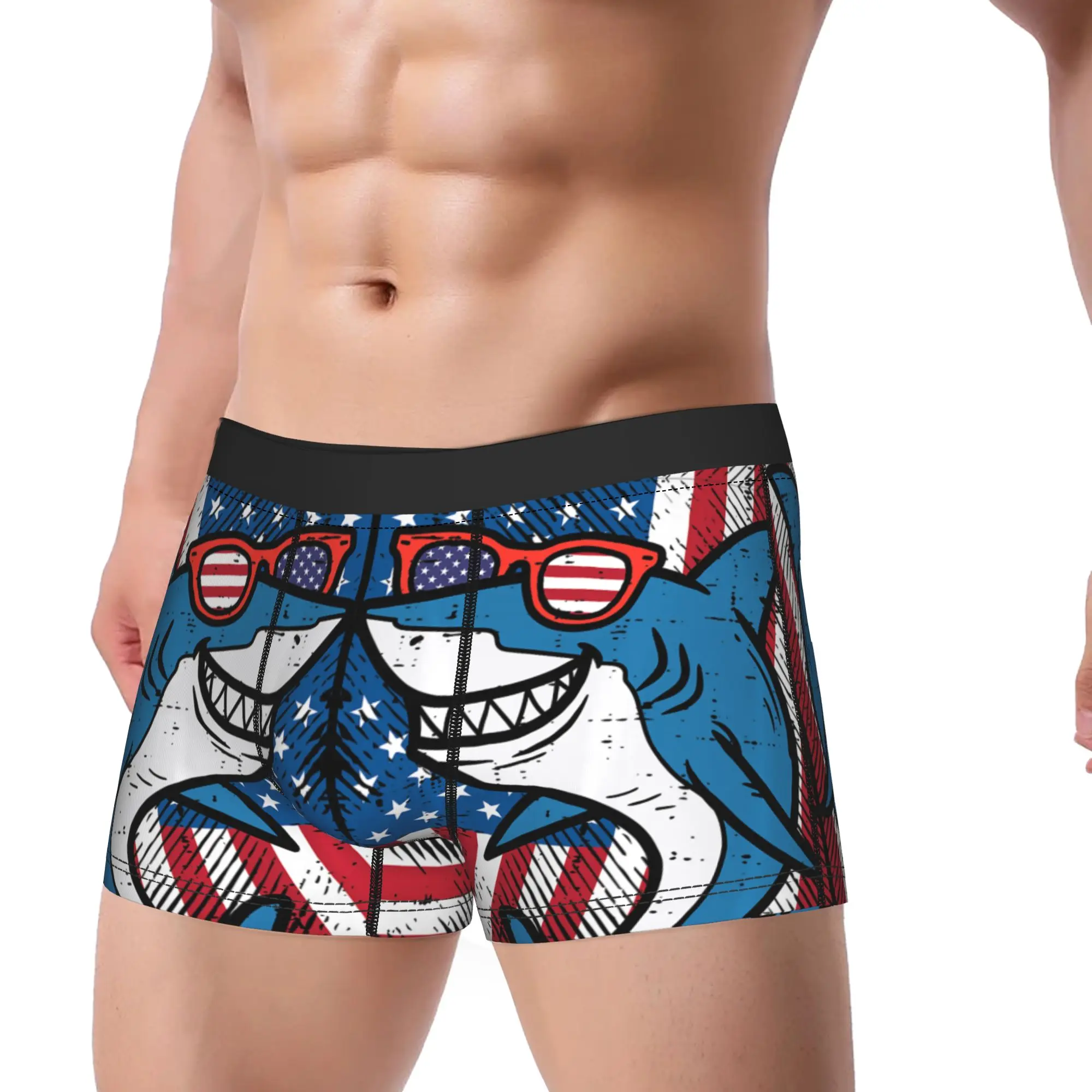 Shark US Flag Independence Day Patriot  Memorial Day Underpants Homme Panties Man Underwear Print Shorts Boxer Briefs