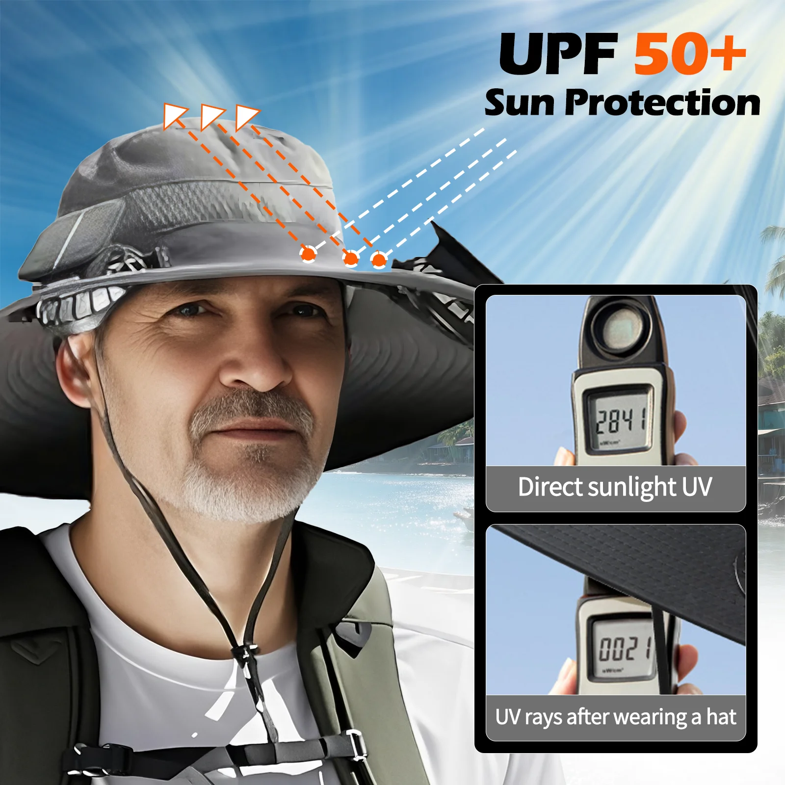 FishTrip Sombrero de pesca impermeable con ventilador solar UPF50+ - imagen 4