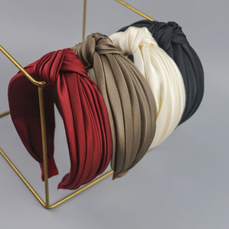 

High Quality Satin Knotted Headband for Women French Retro Wide Edge Pleated Hairband Hair Hoop Pressed Hair Clips Accessories