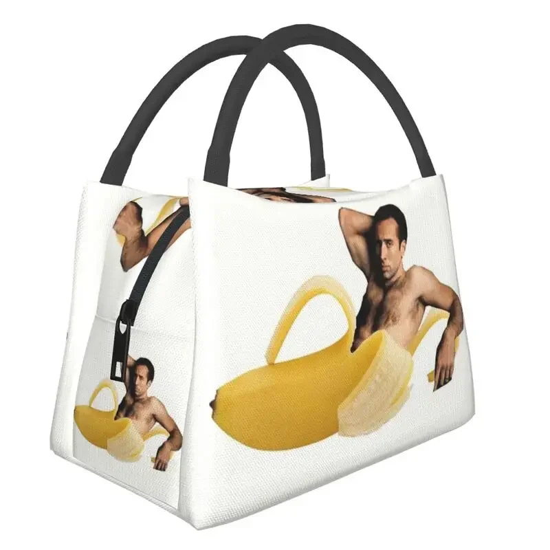 

Nicolas Cage In A Banana Insulated Lunch Bags for Women Funny Meme Portable Cooler Thermal Bento Box Hospital Office