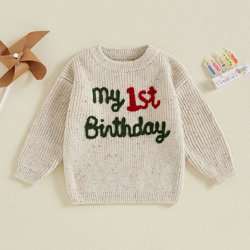 2024-05-11 Lioraitiin Baby Knit Sweaters Cute Long Sleeve Round Neck Letter Embroidery Pullover Infant Birthday Tops