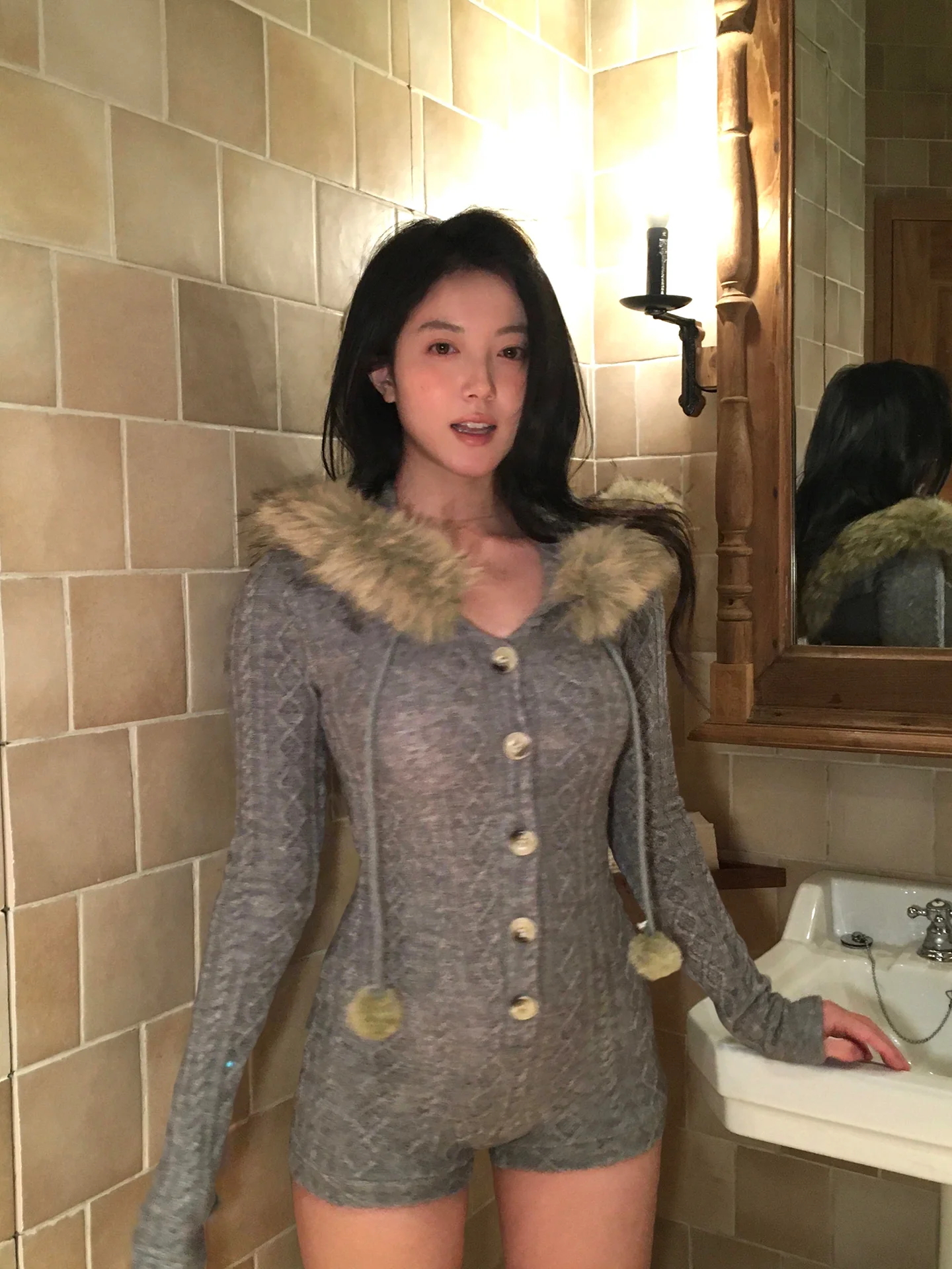 

Утягивающий вязаный комбинезон с меховым воротником, длинные брюки с капюшоном для женщин, модные облегающие брюки с высокой талией