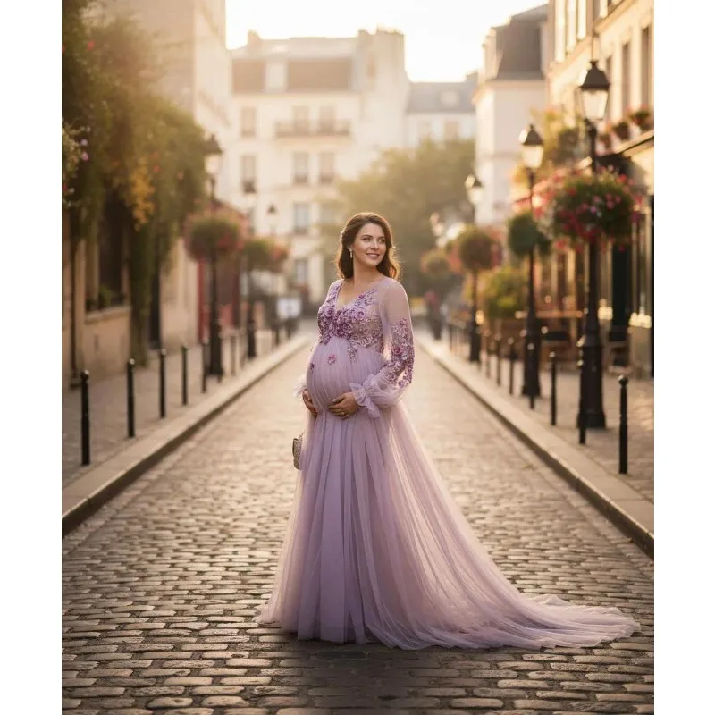 Custom 3D Floral Embroidered Tulle Maternity Gown – Elegant Long Dress for Photoshoot, Baby Shower & Wedding Guest