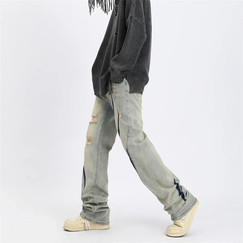 Ripped Jeans Men Straight-leg Slim Graphic Denim Pants Pantalones Hombre High Street Casual Summer Punk Distressed Y2k Trousers