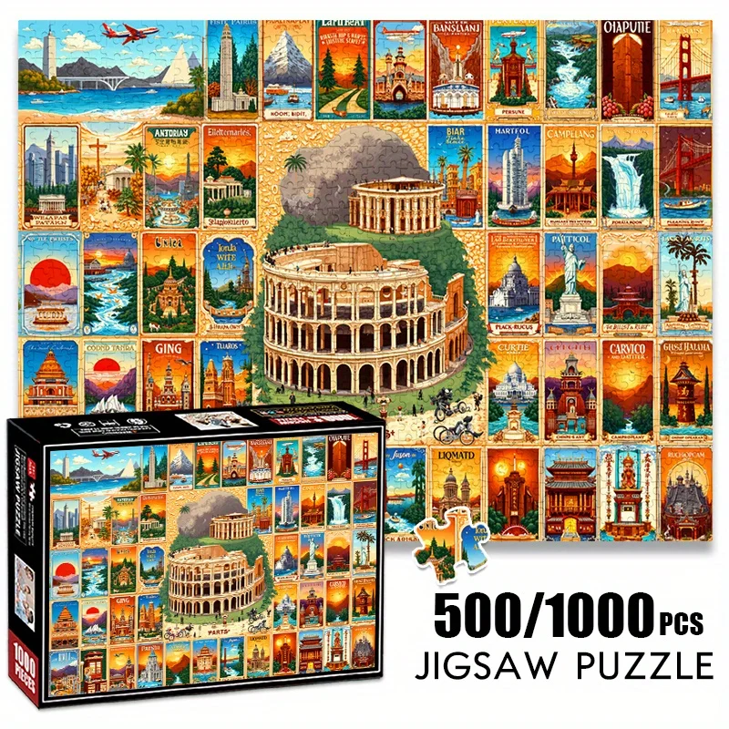 500/1000ピース ペーパージグソーパズル ヴィンテージ世界ランドマークマップ 大型パズルおもちゃ 大人向けゲーム ギフト 家族向けインタラクティブゲーム パズルDI