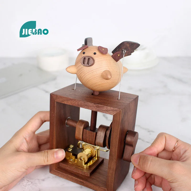 Music Box Wooden Animal Little Flying Pig Musical Gift For Girlfriend Boyfriend Birthday Castle In The Sky