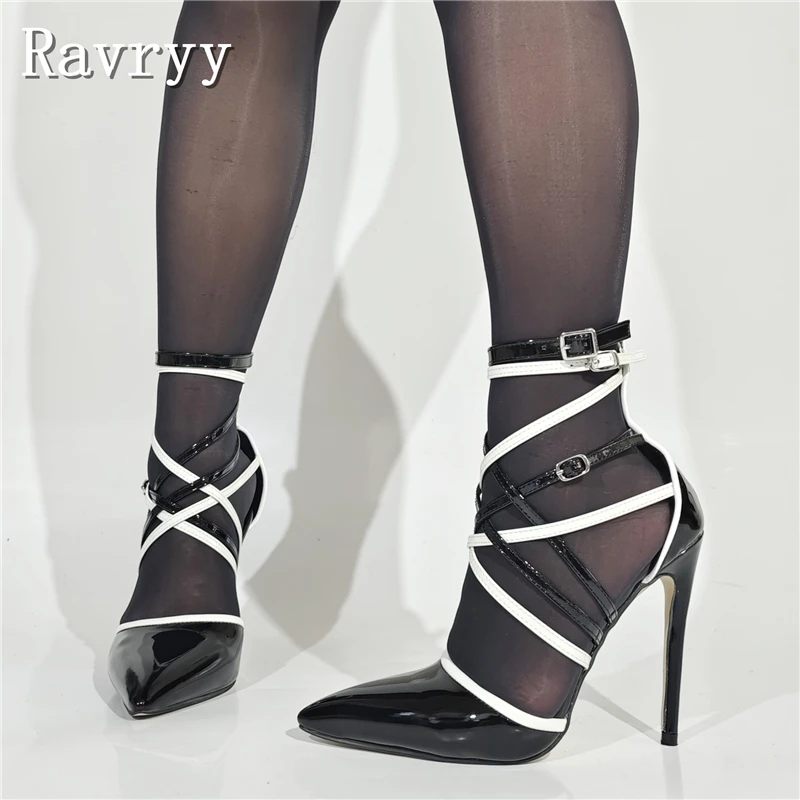 

Black White Mixed Color Women High Heel Pumps Designer New Pointed Toe Shallow Mouth Ankle Strap Single Shoes