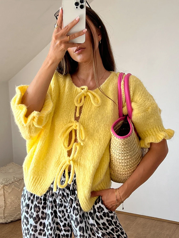 Fashion Lace Up Hollow Out Knitted Cardigan For Women Round Neck Half Sleeve Spring Autumn Lady All-match Knit Sweater Outwear