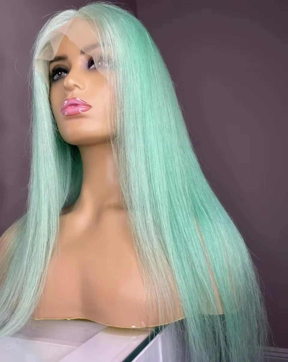13X4 HD Mint Green Wig Bone Straight Lace Frontal Wig Pre Plucked Glueless Heat Resistant Synthetic Gift, Party and Holiday Use