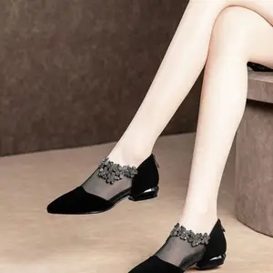 Cool Water Design Pointed Shoes Single Shoes Bright Drill Mesh Boots Pointed Toe Coarse Heel Women Pumps Office Wear