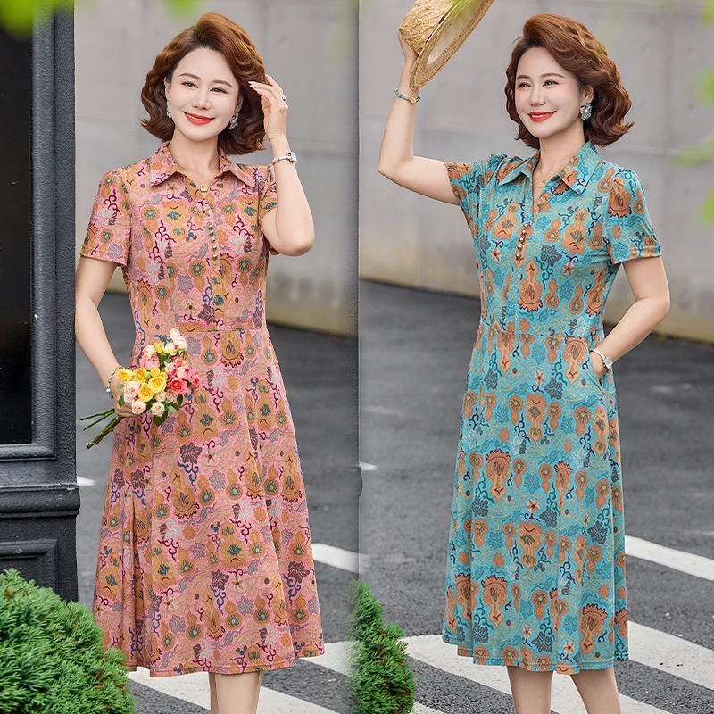 

Summer Clothes for Women Flares Turn-down Collar Pockets short sleeves Vintage Printing Dress