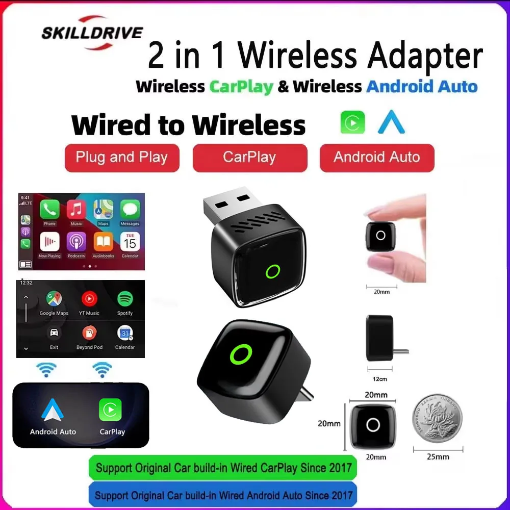Skilldrive Upgraded Mini Wireless CarPlay Adapter Wireless Android Auto AI Smart Box Intelligent Systems for Wired CarPlay Car