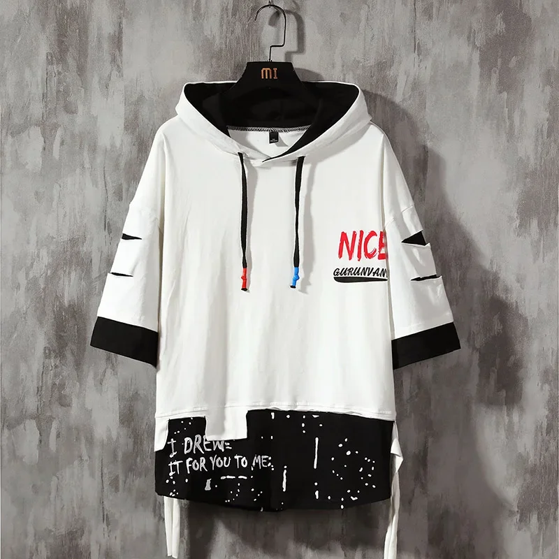 Men Fashion Ribben Hoodie Summer Short Sleeve Hoodies Men's Hoodies Tshirt Color Splice Hooded Tshirt Hip Hop Street Sweatshirt