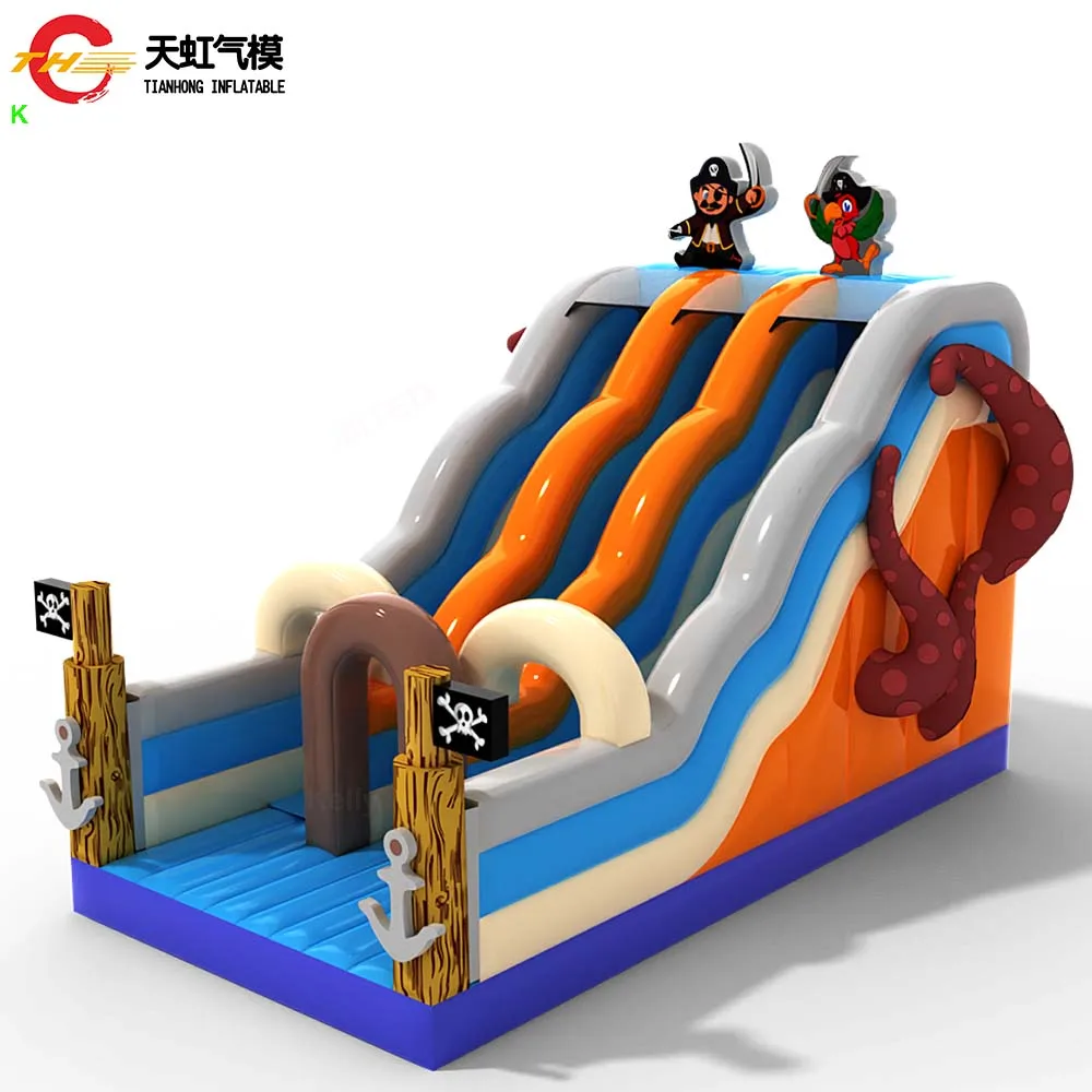 Zeeschip Piratenthema Opblaasbare waterglijbaan 2-laufen Opblaasbare piratenglijbaan Uitsmijter Speeltuin met ventilator