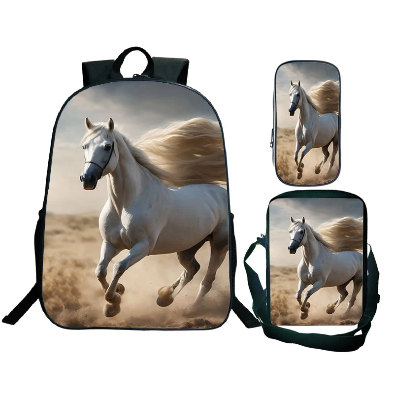 3D Running Horses Print Backpack Set para meninos e meninas, bolsa de escola de cavalos, mochila para laptop, 3 pcs