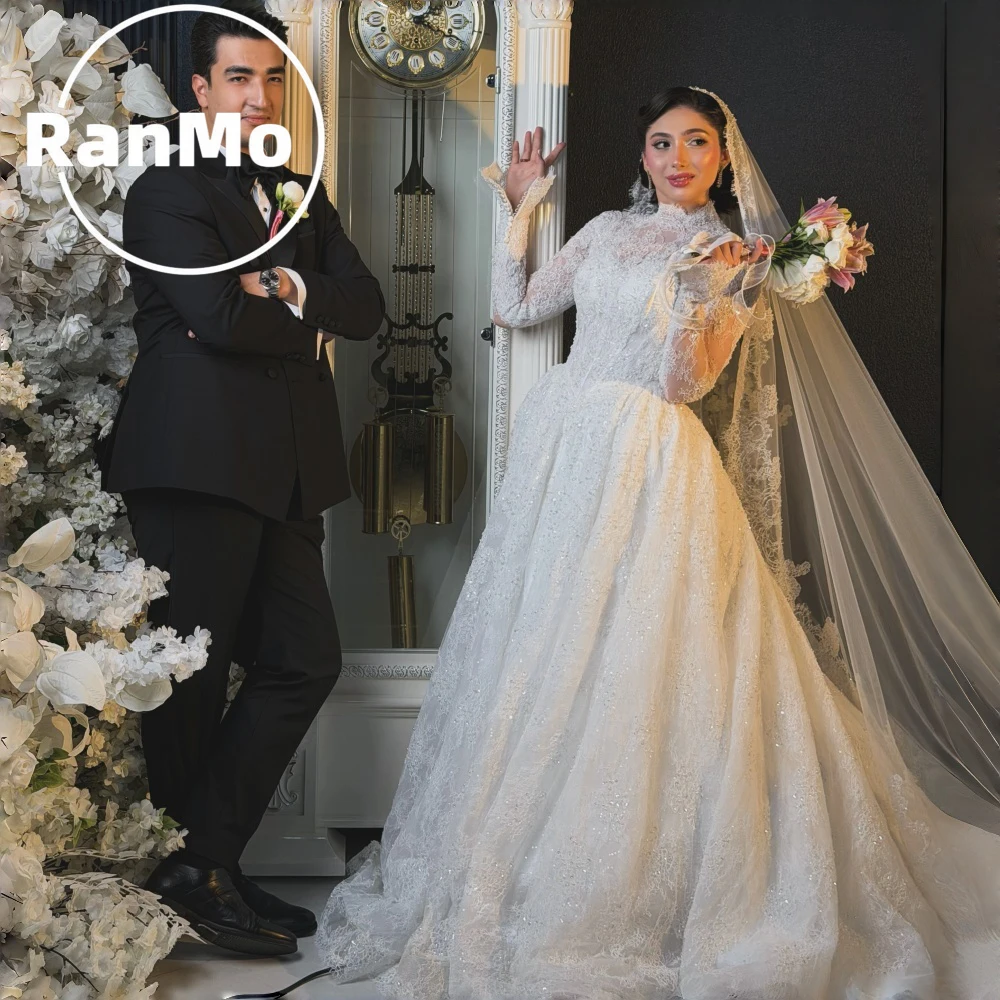 Ranmo Muslim Ball Dress Wedding dress High Neck Long Lace Sleeves Arab Bridal Dress Shining Cathedral Train Customization