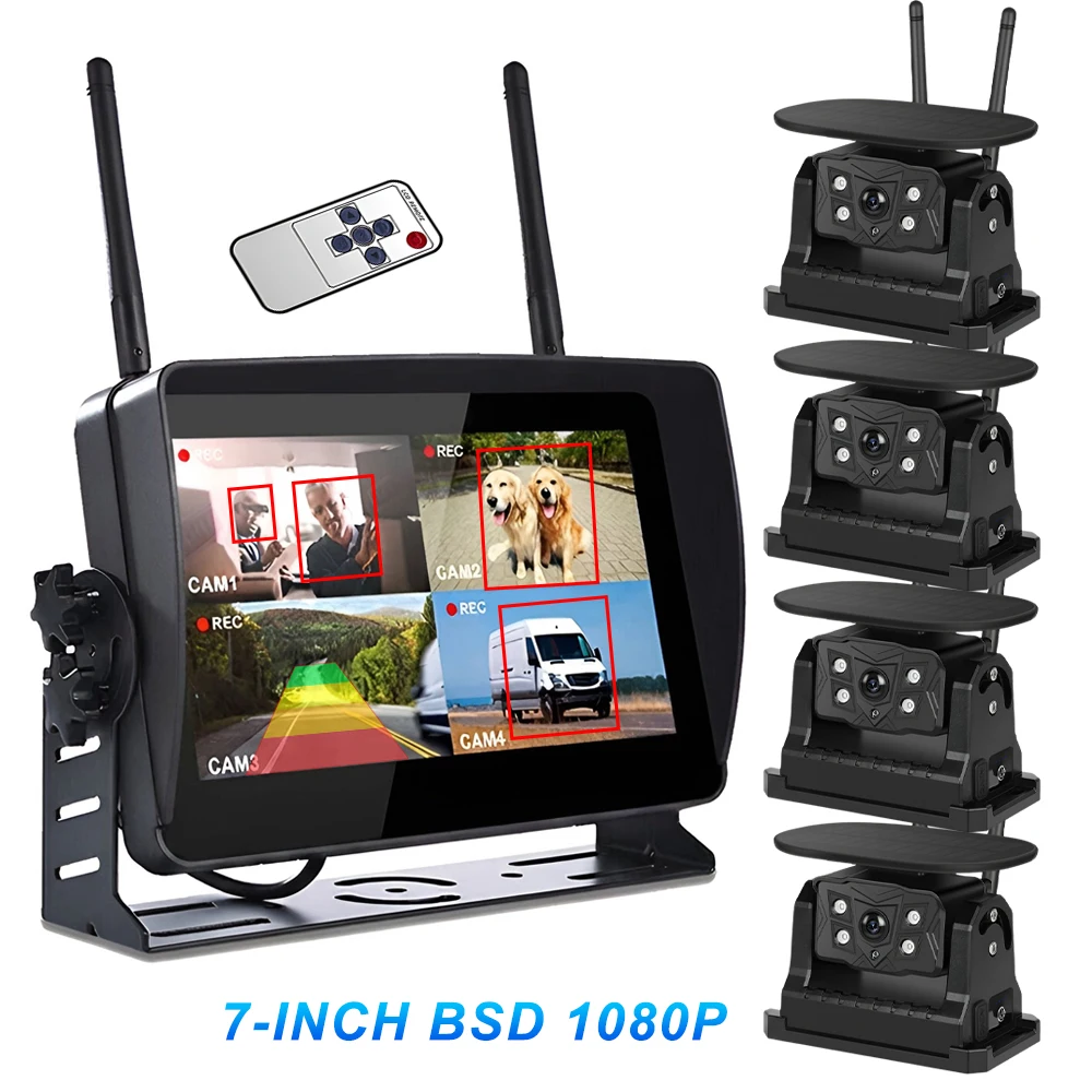 Vehicle 7'' HD 4CH Solar Wireless Rear View Backup Camera System Touch Screen DVR BSD Alarm for Truck RV Semi Van Trailer Camper