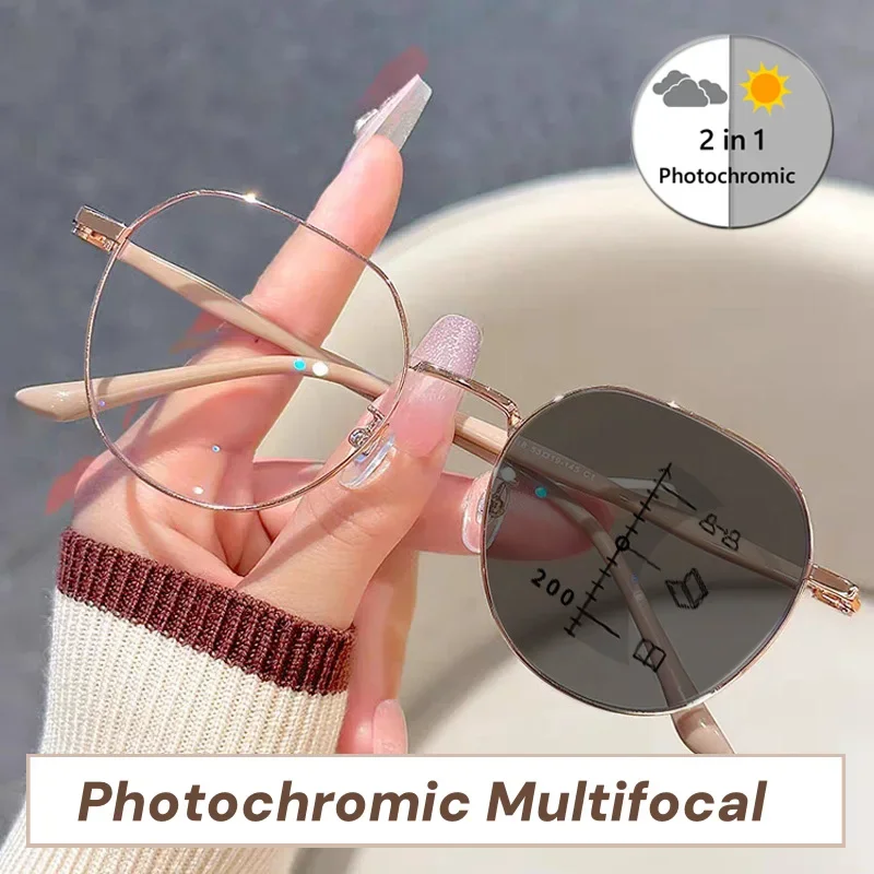 

Luxury Photochromic Multifocal Reading Glasses Women Antiblue Light Presbyopia Ultralight Metal Frame Near Far Sighted Glasses