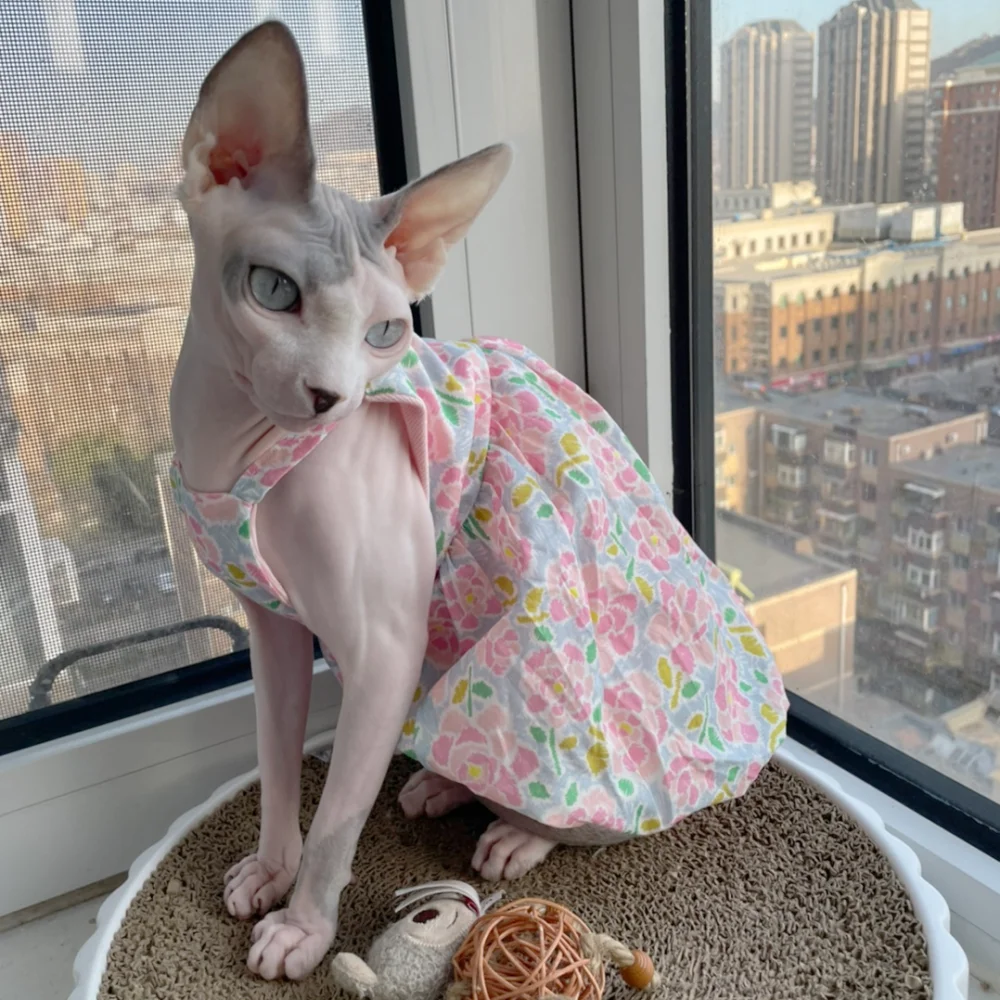 Floral Sleeveless Cotton Dress for Sphynx Summer Pink Suspended bubble Skirt For Female Cats Soft Coat for Devon Rex in Spring