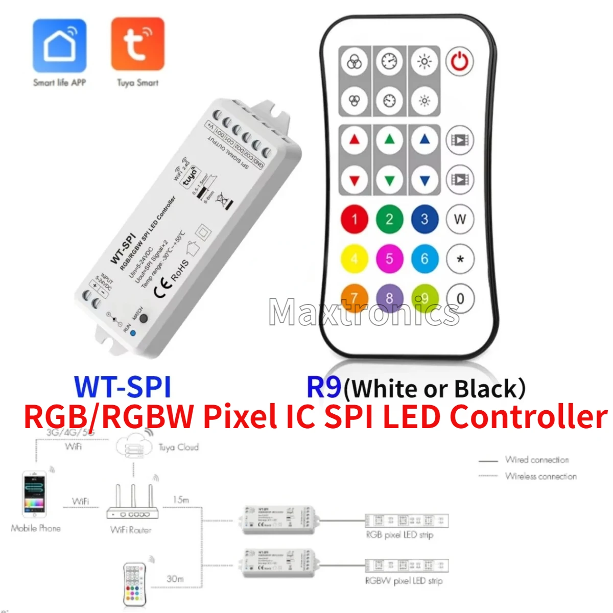 

5V-24V Skydance Music WiFi+2.4G RF RGB/RGBW Pixel IC SPI LED Controller Tuya WT-SPI R9 Remote for WS2812 Ws2811 LED Strip Module