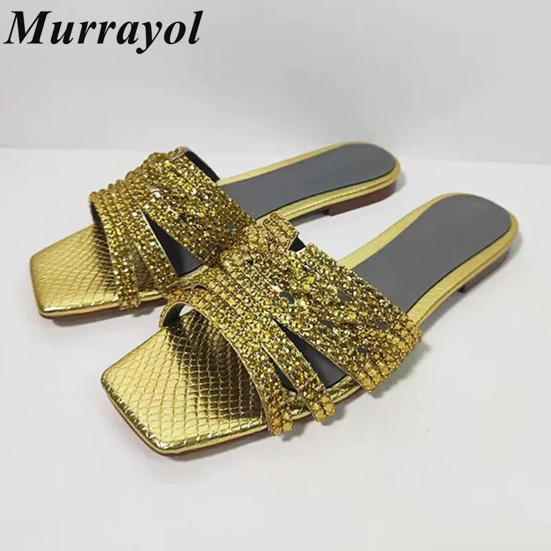 

New Square Toe Rhinestone Decor Flat Slippers Women One Strap Open Toe Sandals Summer Vacation Shoes Dress Shoes Wedding shoe