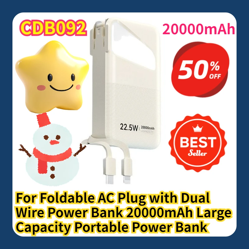 

For Foldable AC Plug with Dual Wire Power Bank 20000mAh Large Capacity Portable Power Bank